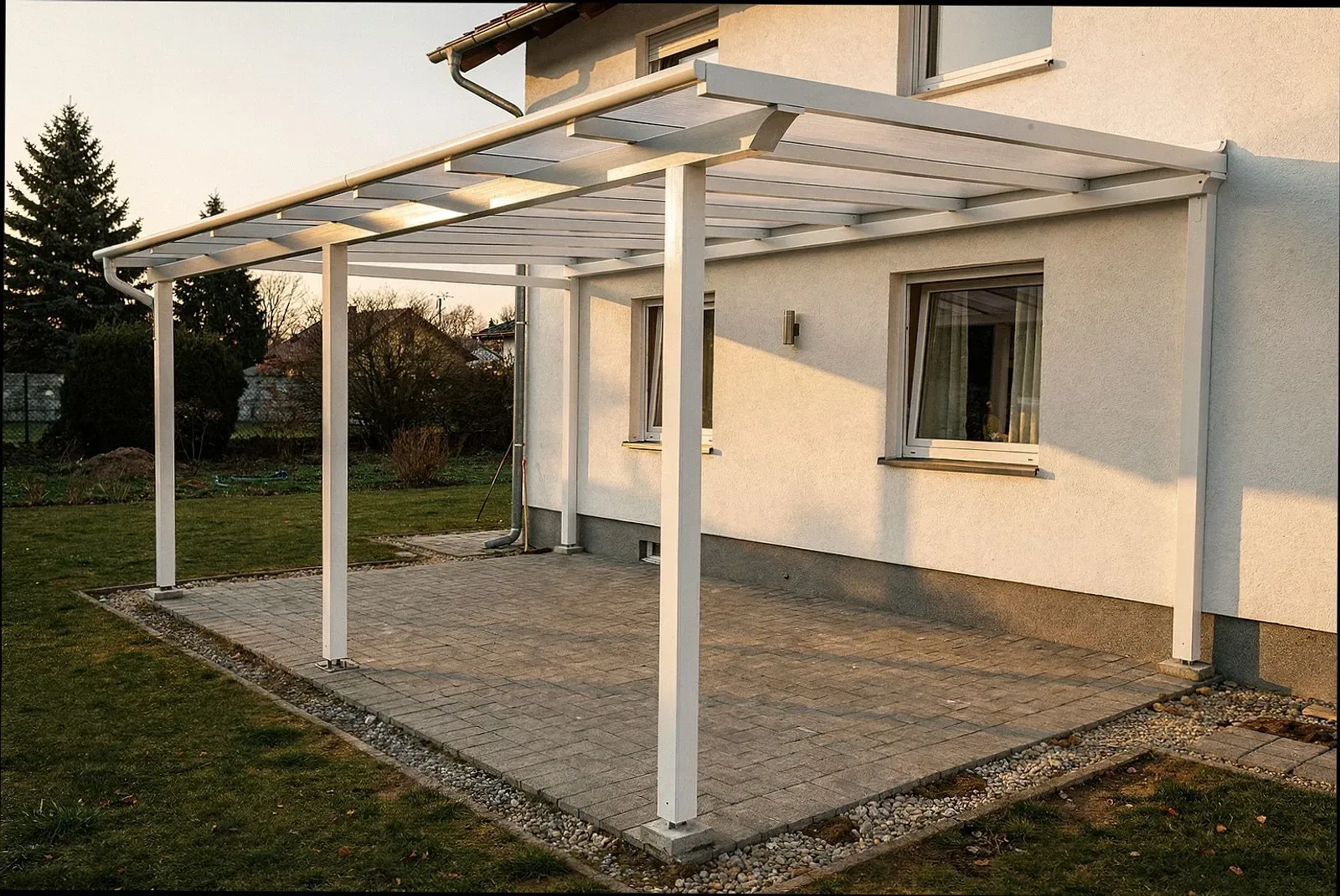 Fertig montierte Terrassenüberdachung am Bestandshaus in Gütersloh